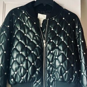 Avec Les Filles Studded Quilted Faux Leather Bomber Jacket